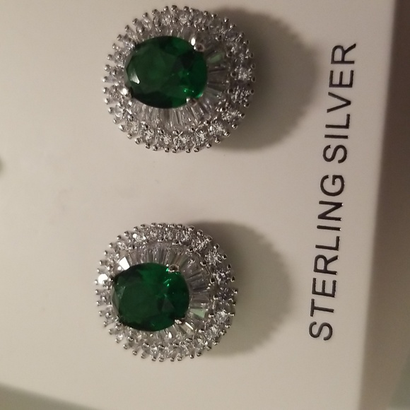 Women's Sterling Silver Earrings with Simulated Emerald Stones/Rhinestones; O/S - Picture 3 of 4